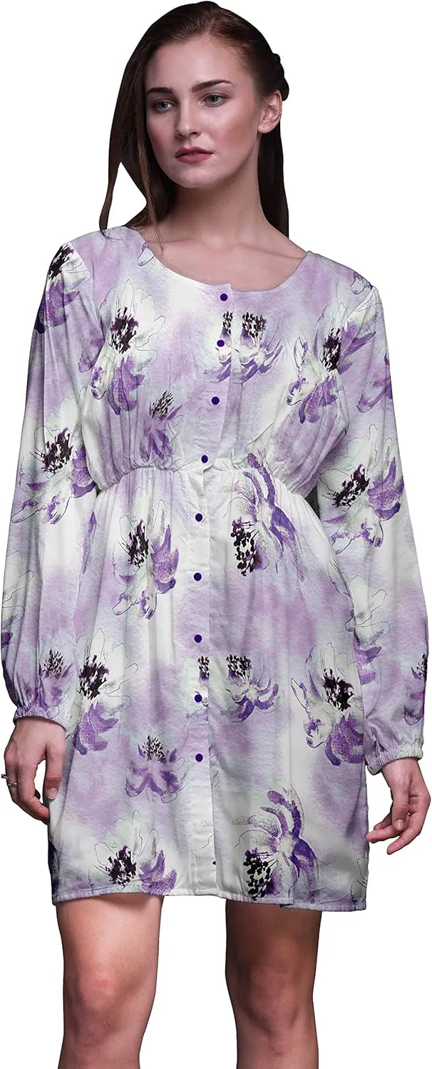 Bimba Purple Camellia Kanjiro Watercolor Button Down Midi Shift Dress Women Shirt Summer Causal Tunic-X-Large