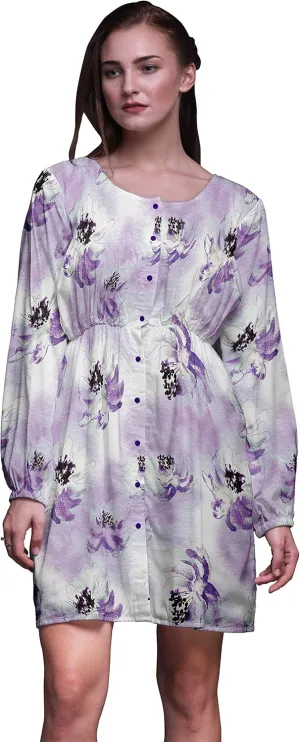 Bimba Purple Camellia Kanjiro Watercolor Button Down Midi Shift Dress Women Shirt Summer Causal Tunic-X-Large