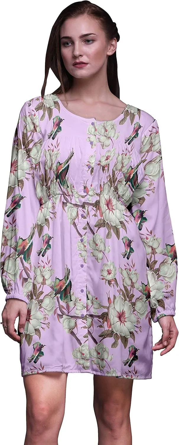 Bimba Purple Floral & Kingfisher Bird Button Down Midi Shift Dress Women Shirt Summer Causal Tunic-Medium