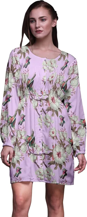 Bimba Purple Floral & Kingfisher Bird Button Down Midi Shift Dress Women Shirt Summer Causal Tunic-Medium