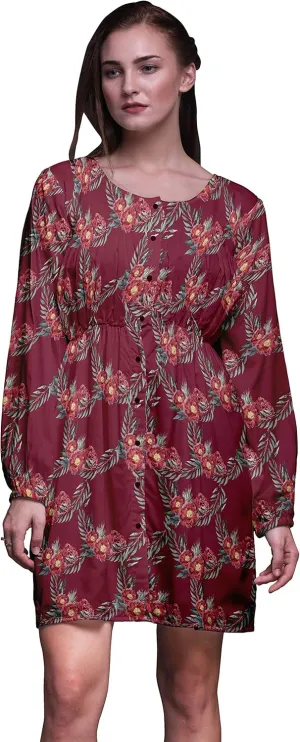 Bimba Red Leaves & Peony Floral Button Down Midi Shift Dress Women Shirt Summer Causal Tunic-X-Large