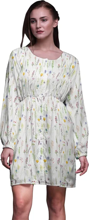 Bimba White Ranunculus & Sweetpea Leaves Button Down Midi Shift Dress Women Shirt Summer Causal Tunic-X-Large
