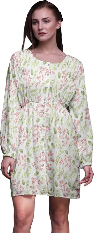 Bimba White Red Berries & Leaves Button Down Midi Shift Dress Women Shirt Summer Causal Tunic-X-Small