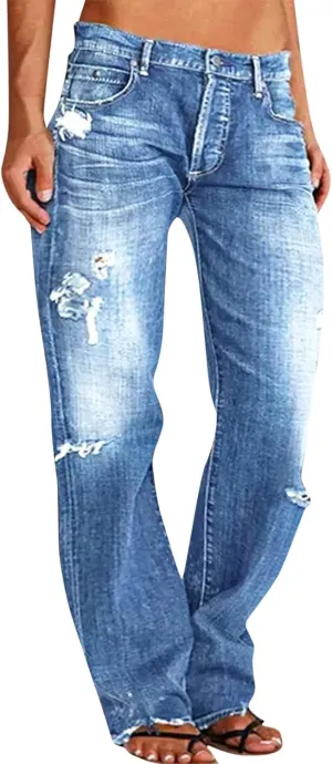 Black Pants for Women Jeans Mid Women’s Poket Lace Denim Casual Women's Jeans Straight Leg Denim Pants Womens High