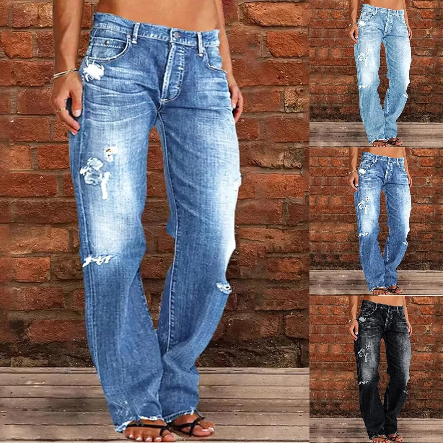 Black Pants for Women Jeans Mid Women’s Poket Lace Denim Casual Women's Jeans Straight Leg Denim Pants Womens High