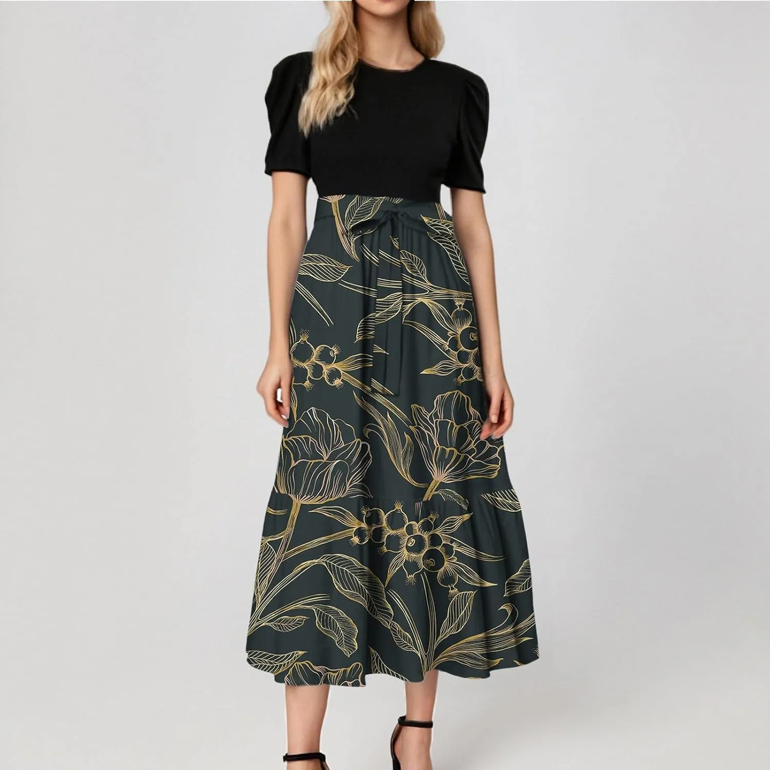 Bohemian Maxi Dresses for Women Plus Size Floral Print Wrap Dress Ruffle Hem Trendy Outfit