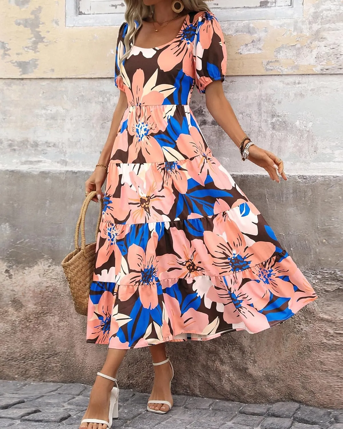 Boho Dresses for Women 2025 Puff Sleeve Floral Casual Summer Dresses Tiered A-Line Flowy Maxi Dress Beach Long Dress