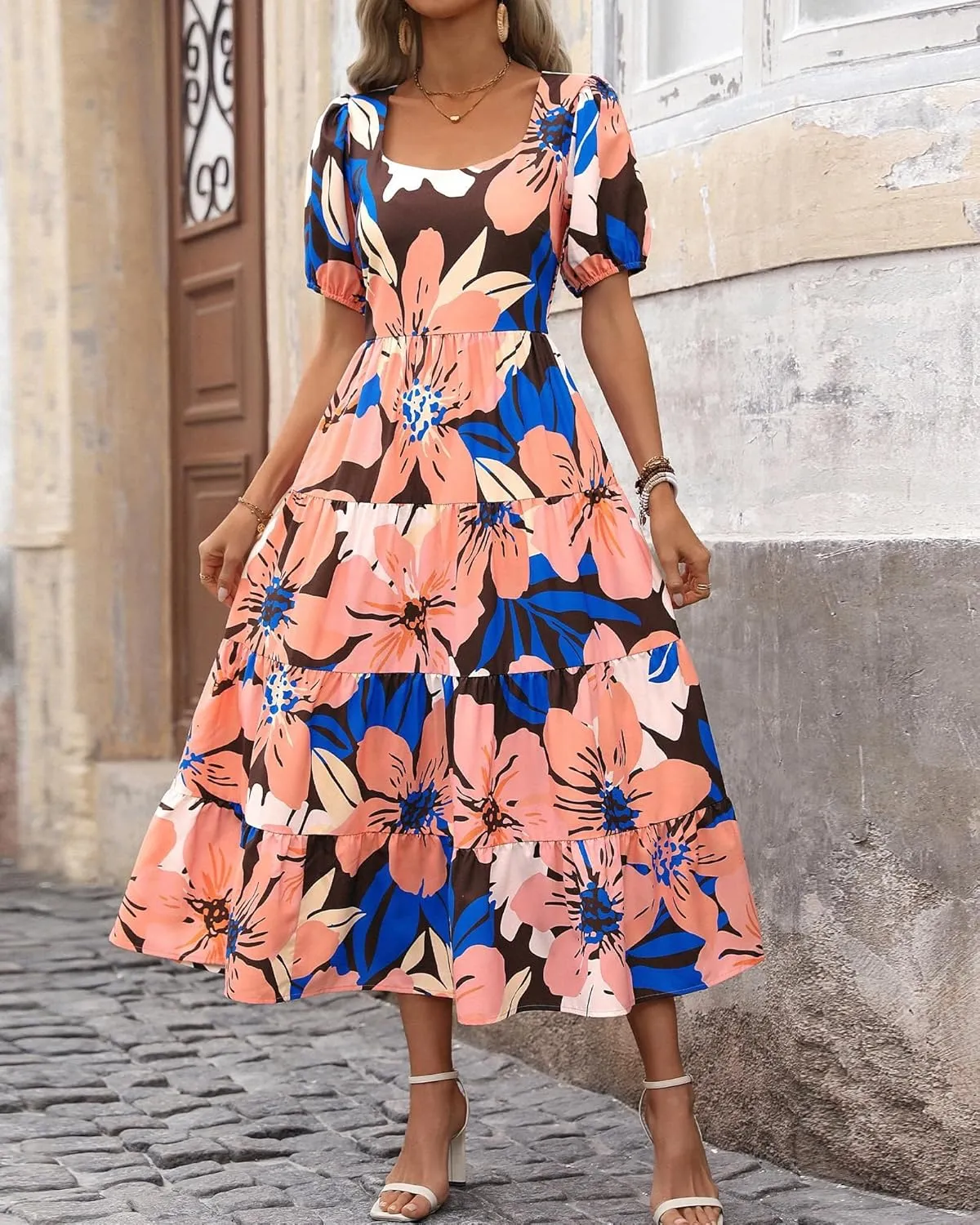 Boho Dresses for Women 2025 Puff Sleeve Floral Casual Summer Dresses Tiered A-Line Flowy Maxi Dress Beach Long Dress
