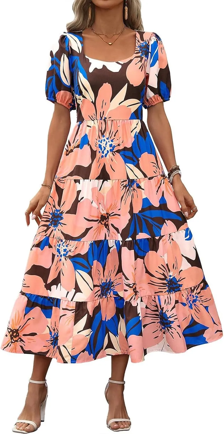 Boho Dresses for Women 2025 Puff Sleeve Floral Casual Summer Dresses Tiered A-Line Flowy Maxi Dress Beach Long Dress