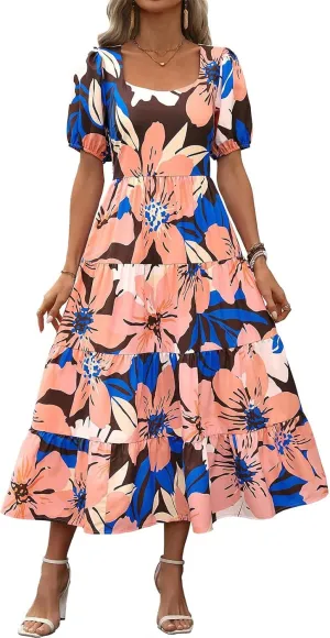 Boho Dresses for Women 2025 Puff Sleeve Floral Casual Summer Dresses Tiered A-Line Flowy Maxi Dress Beach Long Dress