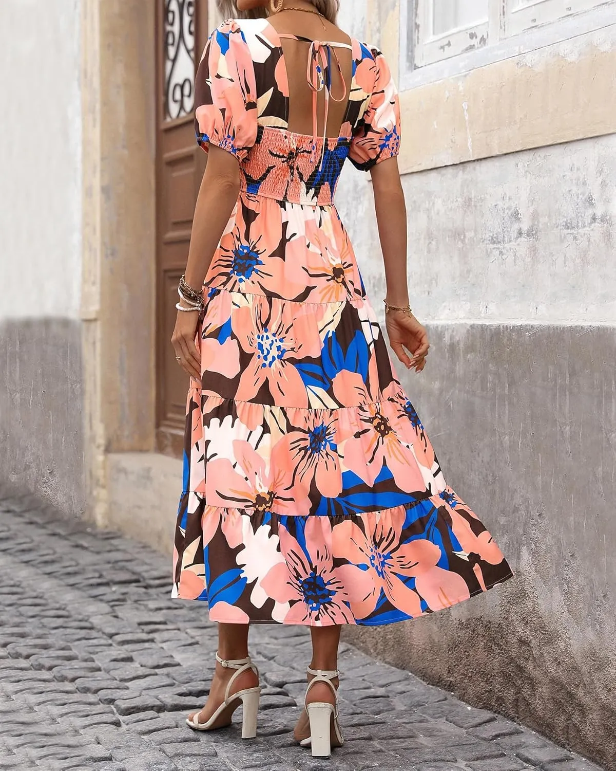 Boho Dresses for Women 2025 Puff Sleeve Floral Casual Summer Dresses Tiered A-Line Flowy Maxi Dress Beach Long Dress