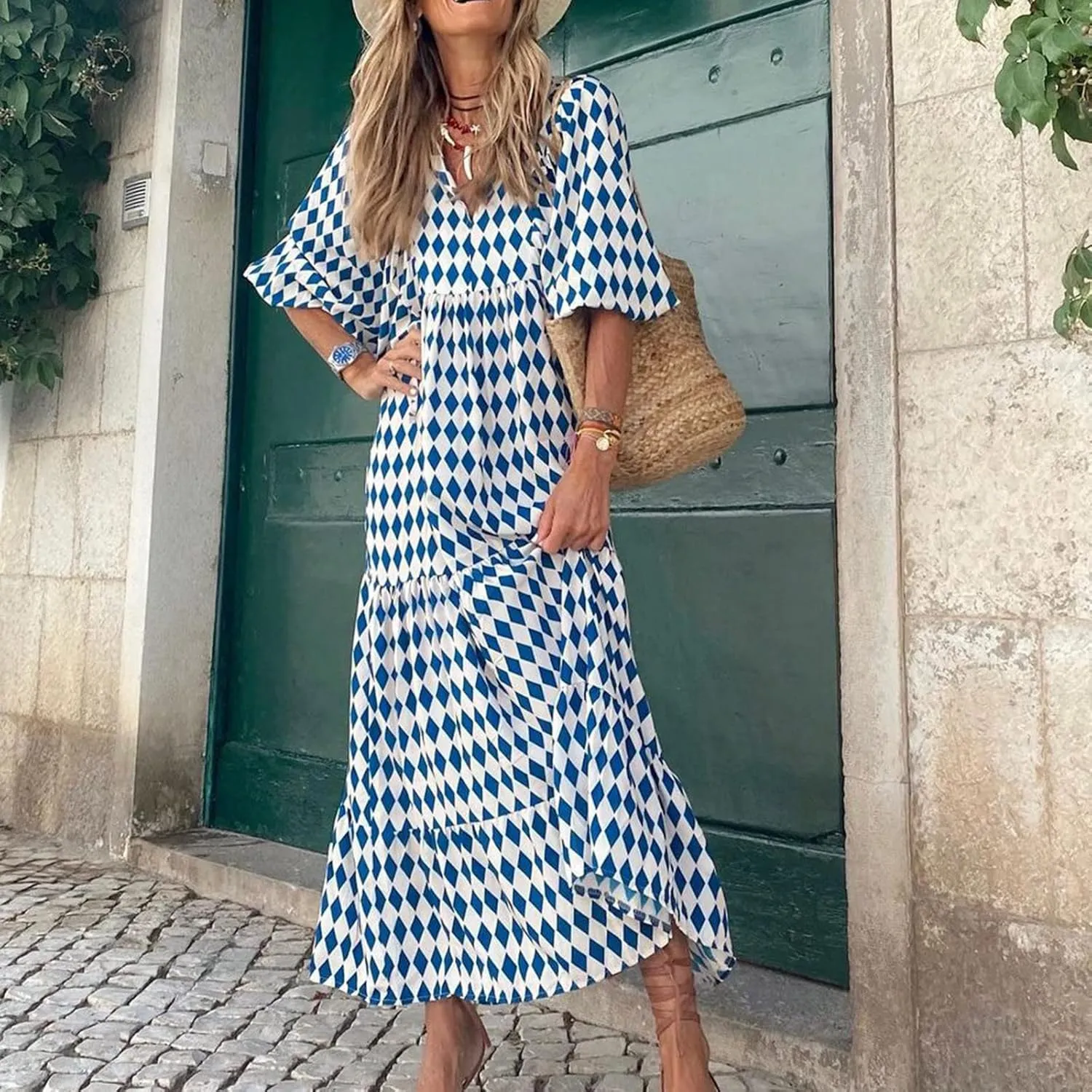 Boho Dresses for Women 2025 Puff Sleeve Geometric Tiered Maxi Dress Summer Comfy Shift Bohemian Beach Long Dress