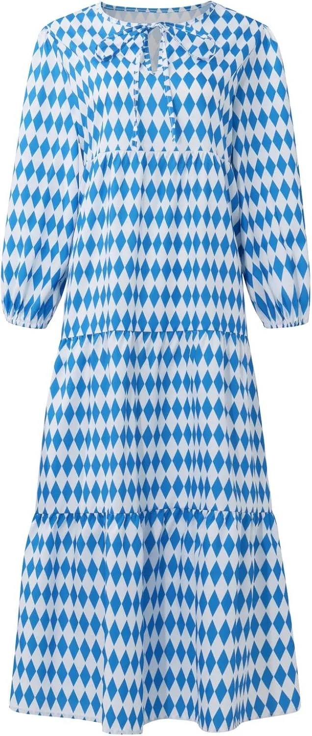 Boho Dresses for Women 2025 Puff Sleeve Geometric Tiered Maxi Dress Summer Comfy Shift Bohemian Beach Long Dress
