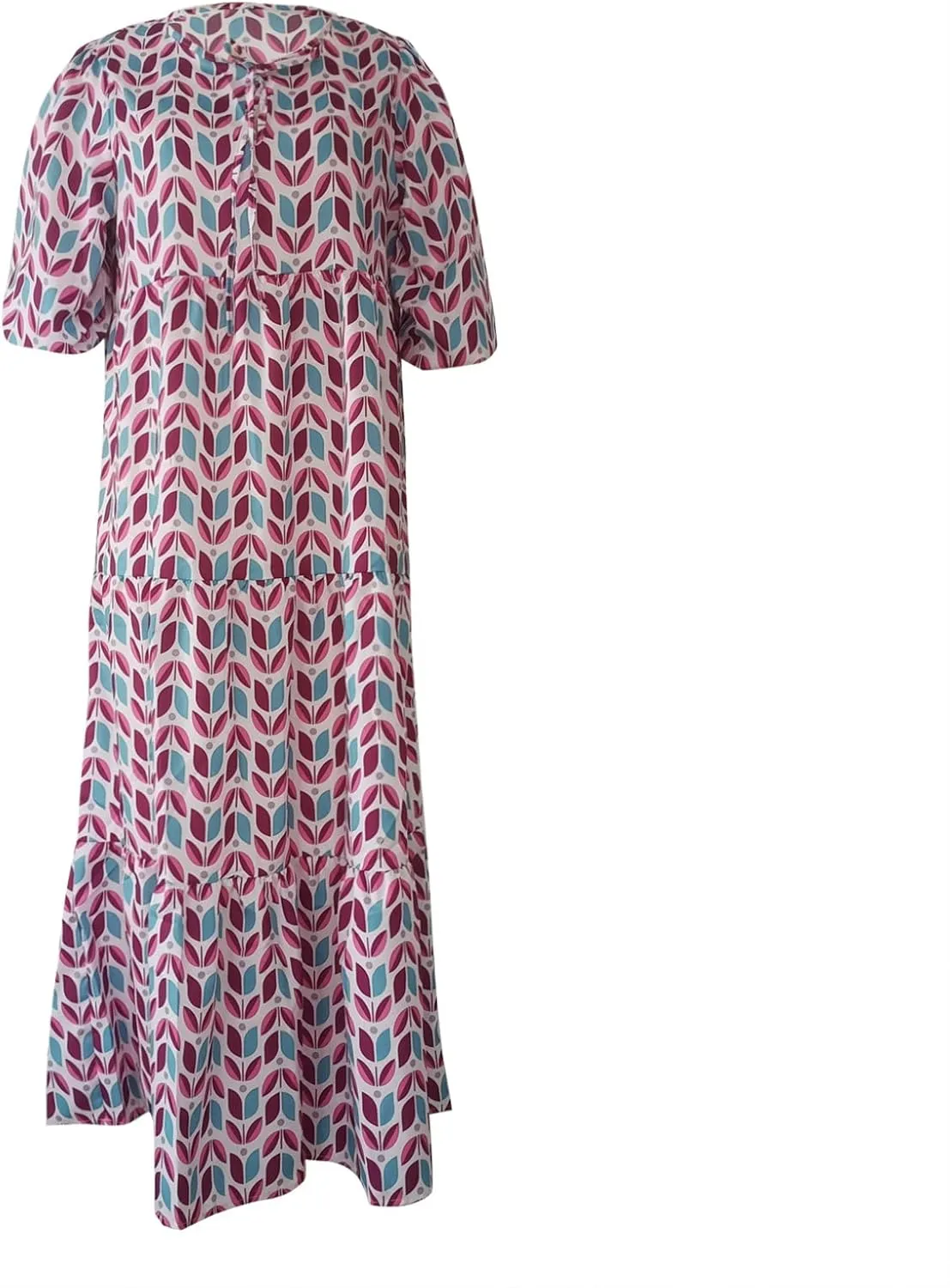 Boho Dresses for Women 2025 Puff Sleeve Geometric Tiered Maxi Dress Summer Comfy Shift Bohemian Beach Long Dress