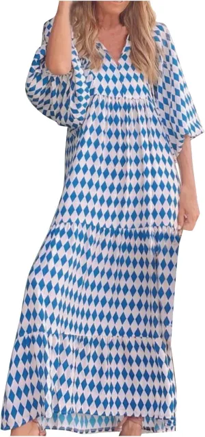 Boho Dresses for Women 2025 Puff Sleeve Geometric Tiered Maxi Dress Summer Comfy Shift Bohemian Beach Long Dress