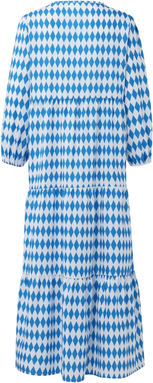 Boho Dresses for Women 2025 Puff Sleeve Geometric Tiered Maxi Dress Summer Comfy Shift Bohemian Beach Long Dress