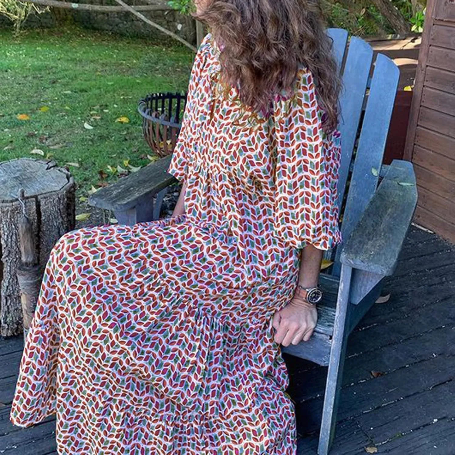 Boho Dresses for Women 2025 Puff Sleeve Geometric Tiered Maxi Dress Summer Comfy Shift Bohemian Beach Long Dress