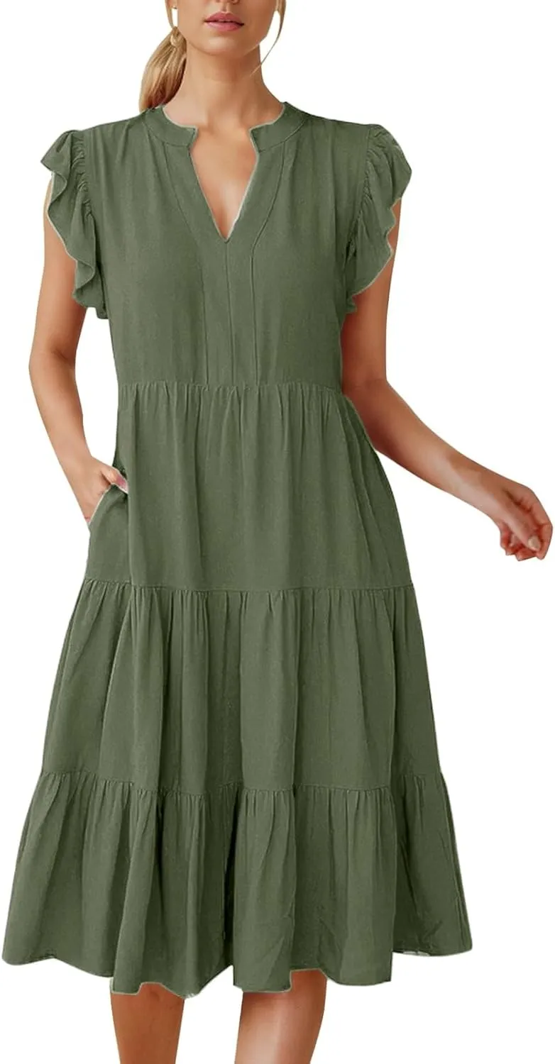 Boho Ruffle A Line Tiered Dress Midi Sundresses for Women V Neck Flowy Summer Casual Wedding Guest Dresses