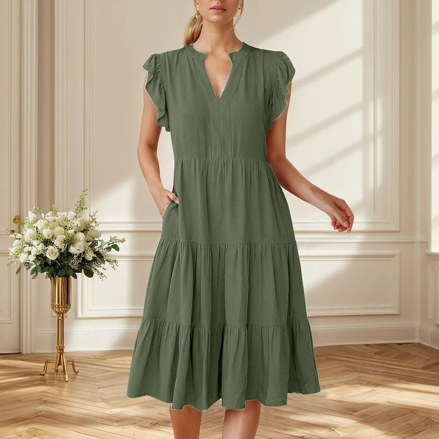 Boho Ruffle A Line Tiered Dress Midi Sundresses for Women V Neck Flowy Summer Casual Wedding Guest Dresses