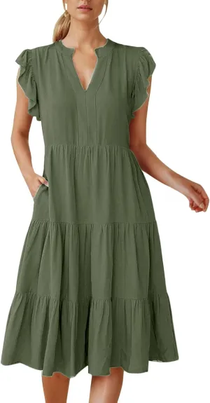 Boho Ruffle A Line Tiered Dress Midi Sundresses for Women V Neck Flowy Summer Casual Wedding Guest Dresses