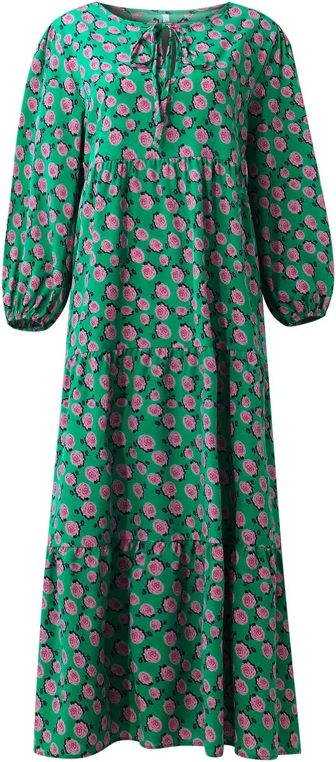 Boho Summer Dresses for Women 2025 Puff Sleeve Geometric Flower Maxi Dress Comfy Tiered Gingham Flowy Long Dress