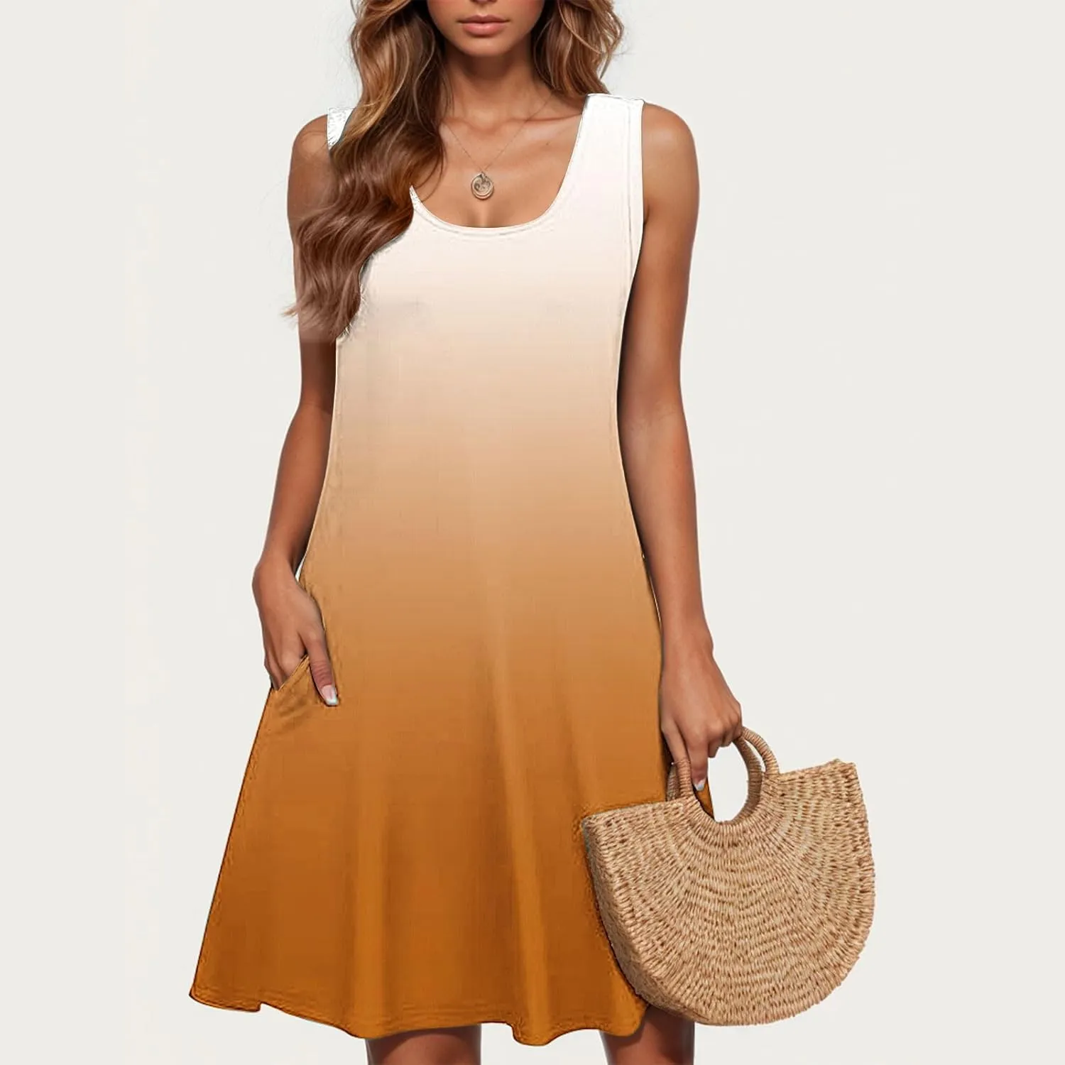 Borniu Womens Summer Casual Tank Dress Sleeveless Scoop Neck T Shirt Sundress Flowy Gradient Swing Beach Vacation Dresses