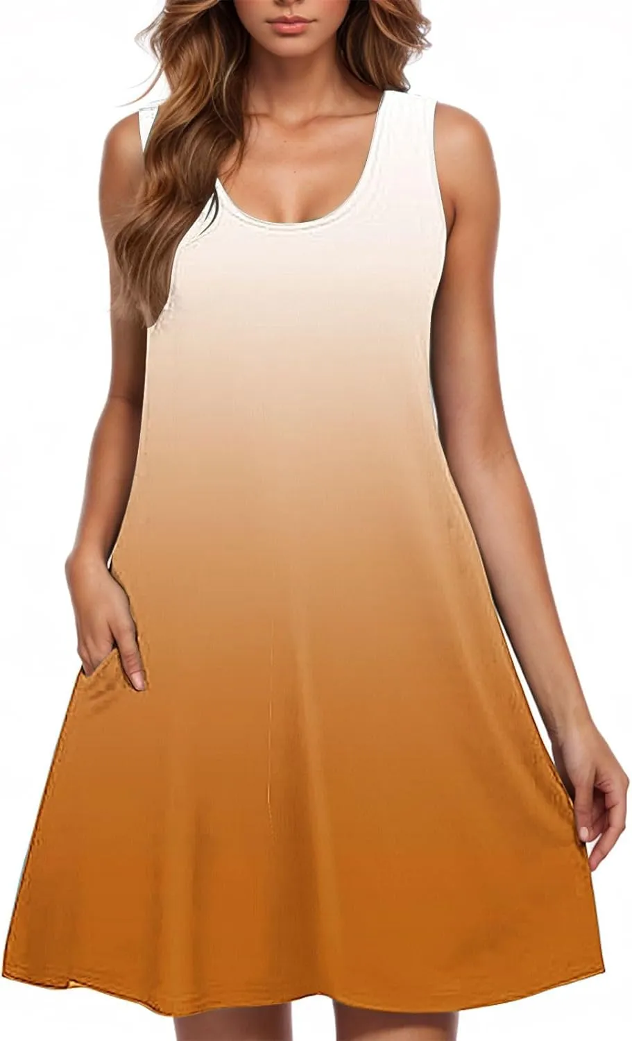 Borniu Womens Summer Casual Tank Dress Sleeveless Scoop Neck T Shirt Sundress Flowy Gradient Swing Beach Vacation Dresses