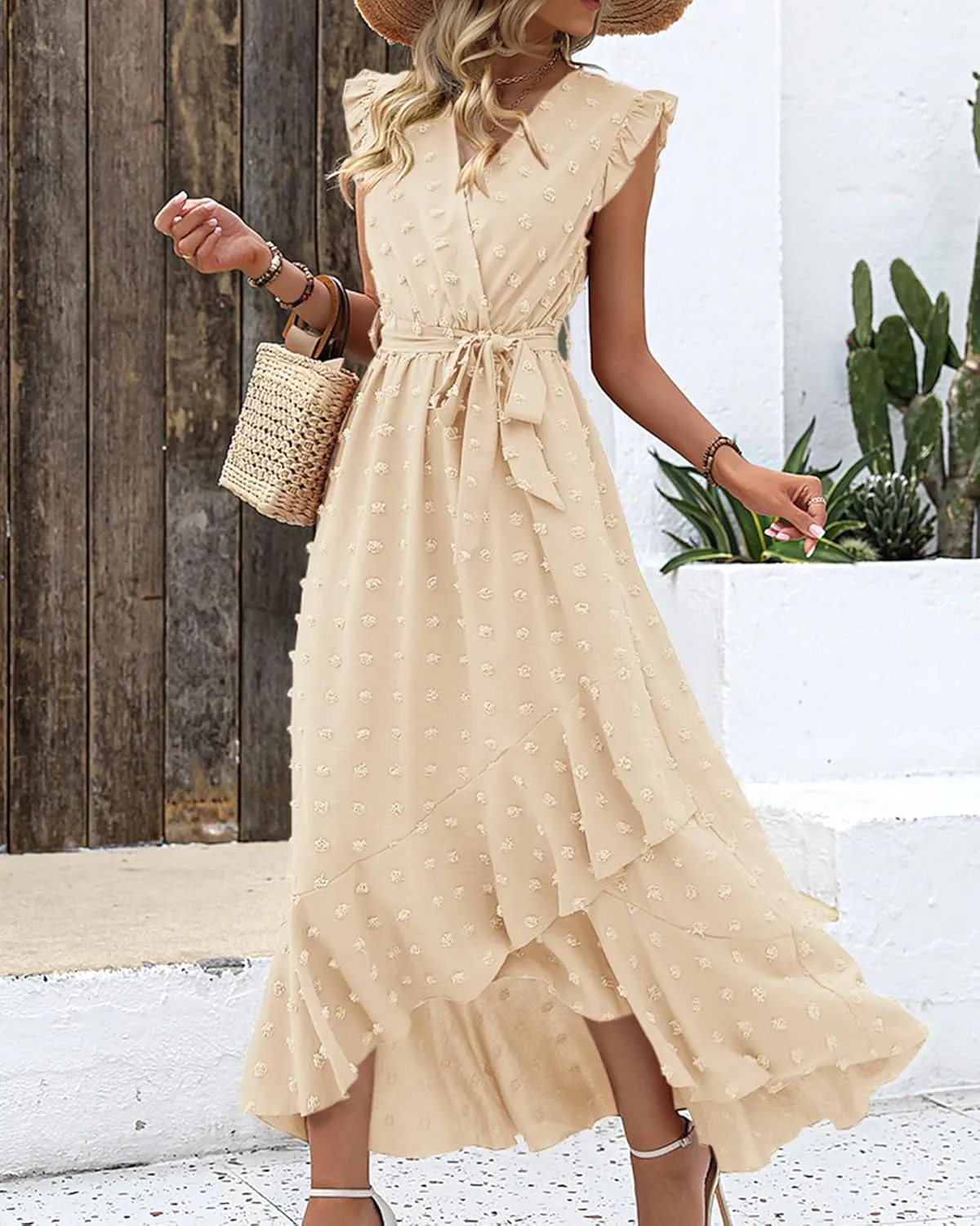 BTFBM Women V Neck Summer Dress 2025 Cap Sleeve Swiss Dot Boho Flowy Ruffle Slit Beach Party Long Maxi Cocktail Dresses
