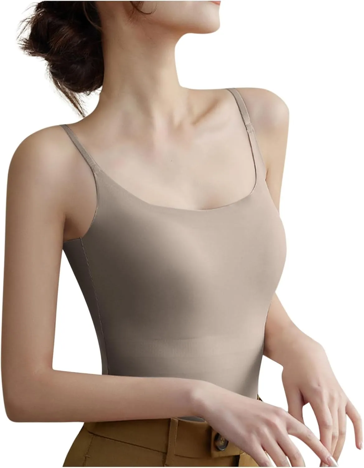 Built in Bra Cami Tops for Women Scoop Neck Seamless Compression Tank Tops Undershirts Spaghetti Strap Ladies Camisole