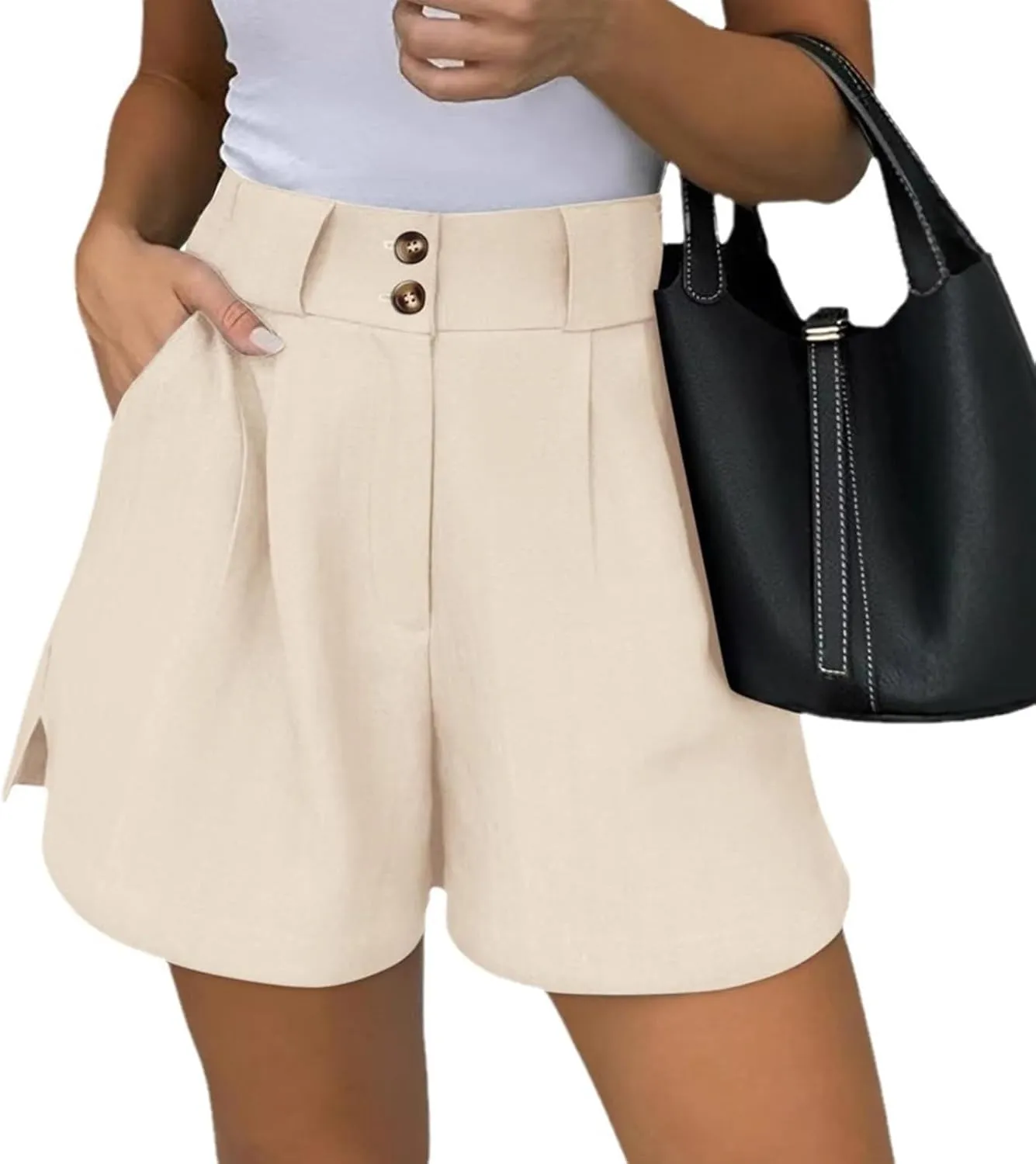 Canbebig Womens Shorts Dressy Casual Casual Elastic High Waisted Wide Leg Shorts Side Slit Business Work Shorts with Pockets
