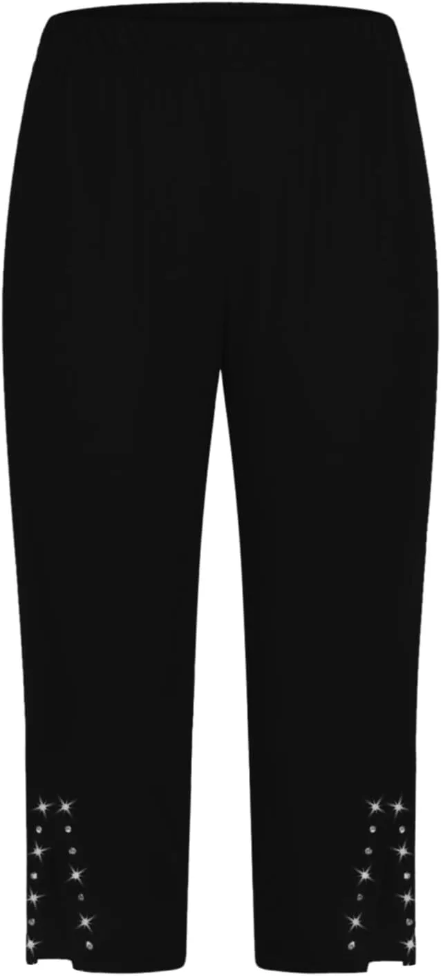 Capri Leggings for Women High Waisted Rhinestone Trim Stretch Workout Yoga Capris Comfy Gym Compression Joggers Pants