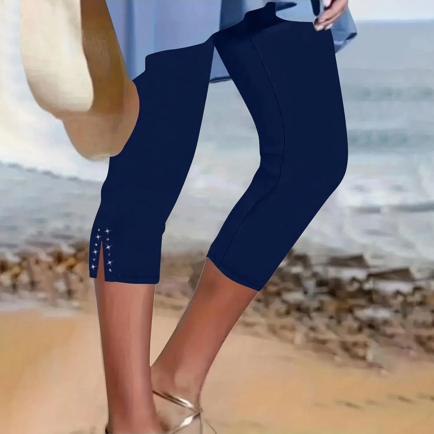 Capri Leggings for Women High Waisted Rhinestone Trim Stretch Workout Yoga Capris Comfy Gym Compression Joggers Pants