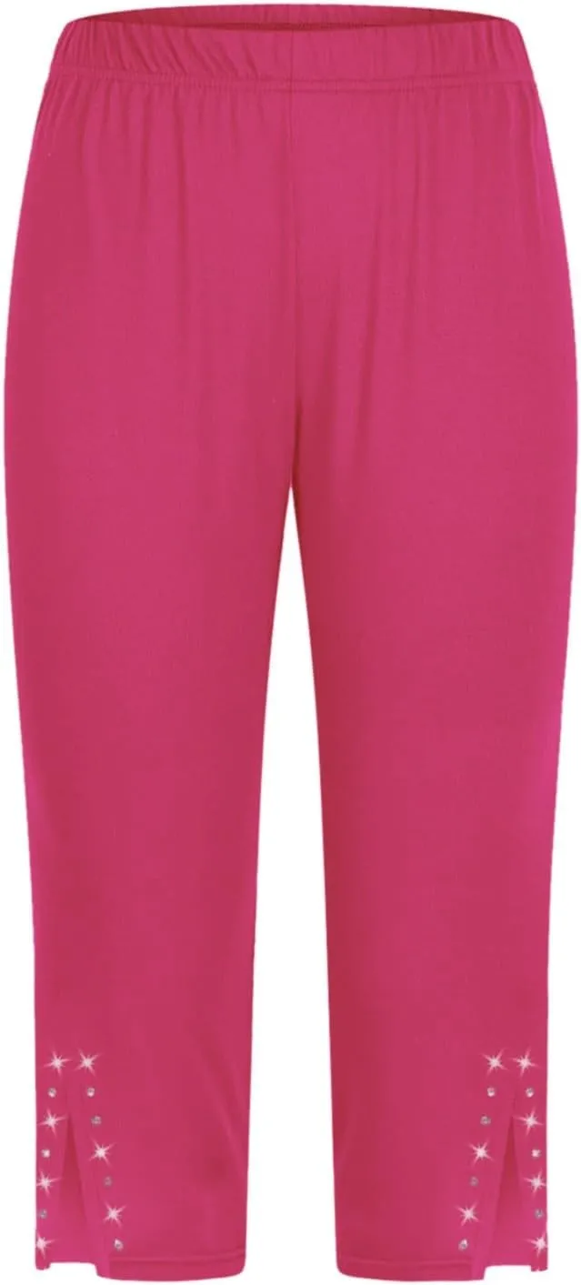 Capri Leggings for Women High Waisted Rhinestone Trim Stretch Workout Yoga Capris Comfy Gym Compression Joggers Pants