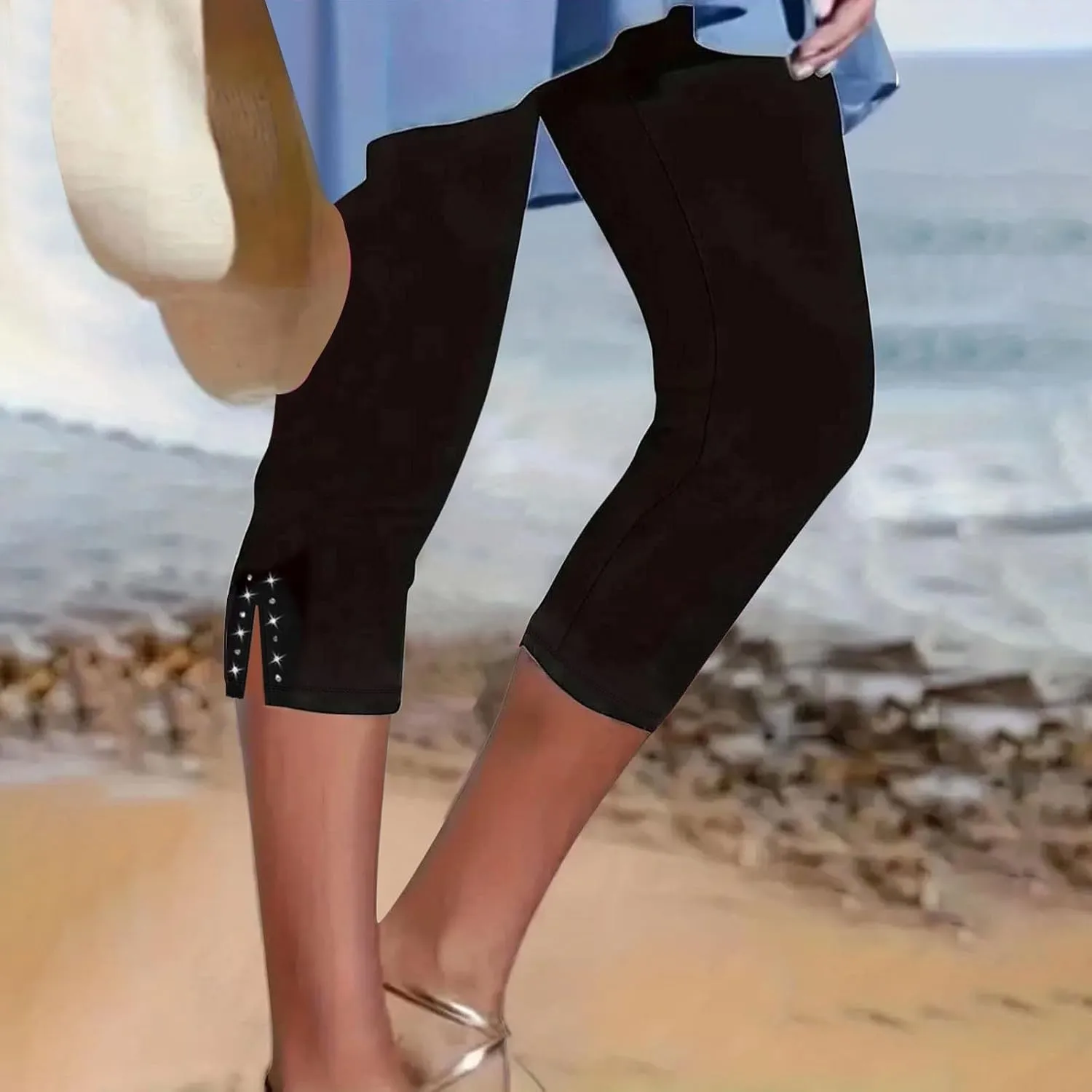 Capri Leggings for Women High Waisted Rhinestone Trim Stretch Workout Yoga Capris Comfy Gym Compression Joggers Pants
