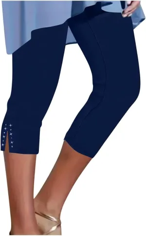Capri Leggings for Women High Waisted Rhinestone Trim Stretch Workout Yoga Capris Comfy Gym Compression Joggers Pants