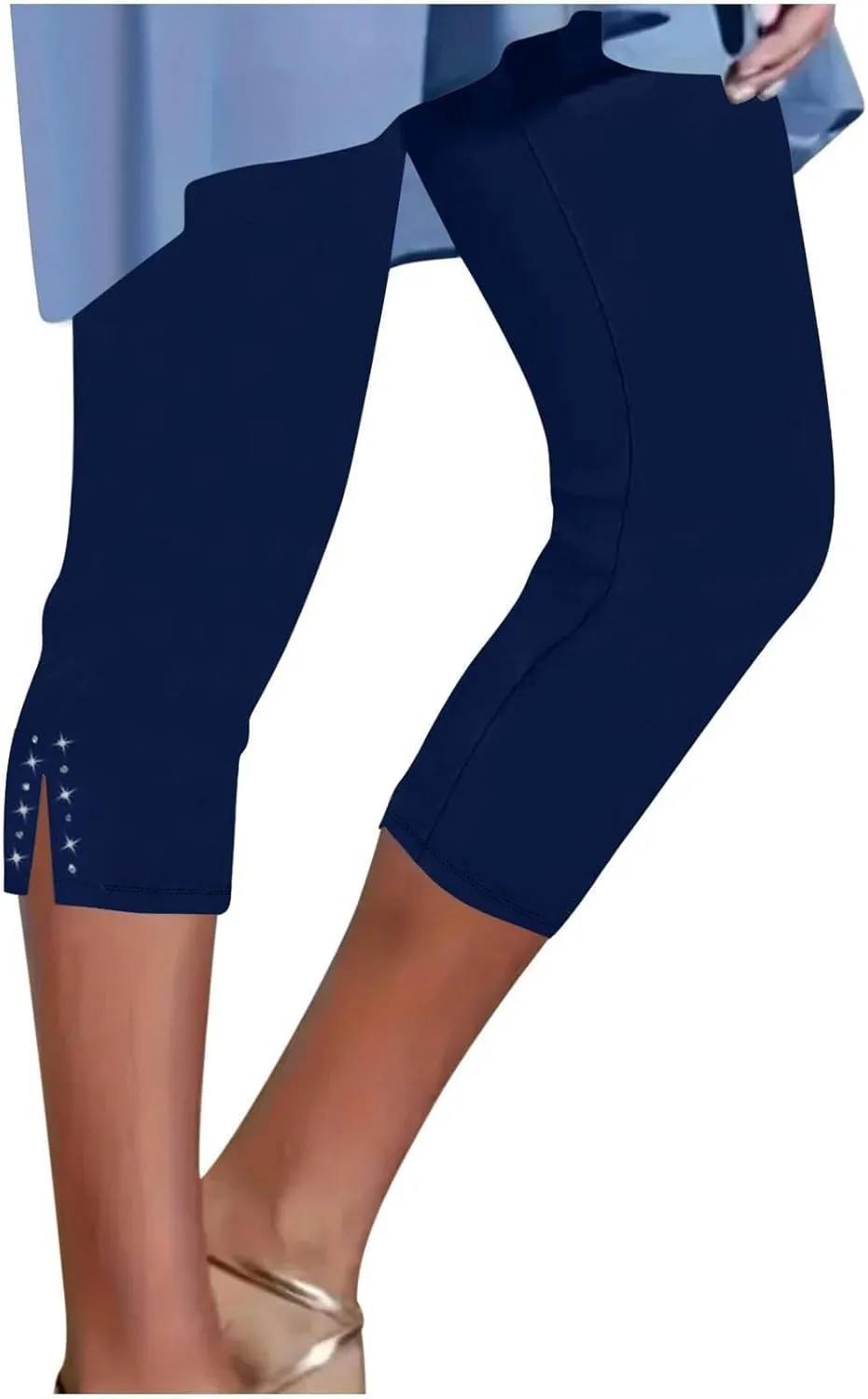 Capri Leggings for Women High Waisted Rhinestone Trim Stretch Workout Yoga Capris Comfy Gym Compression Joggers Pants