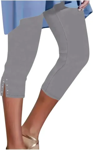 Capri Leggings for Women High Waisted Rhinestone Trim Stretch Workout Yoga Capris Comfy Gym Compression Joggers Pants