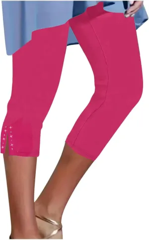 Capri Leggings for Women High Waisted Rhinestone Trim Stretch Workout Yoga Capris Comfy Gym Compression Joggers Pants