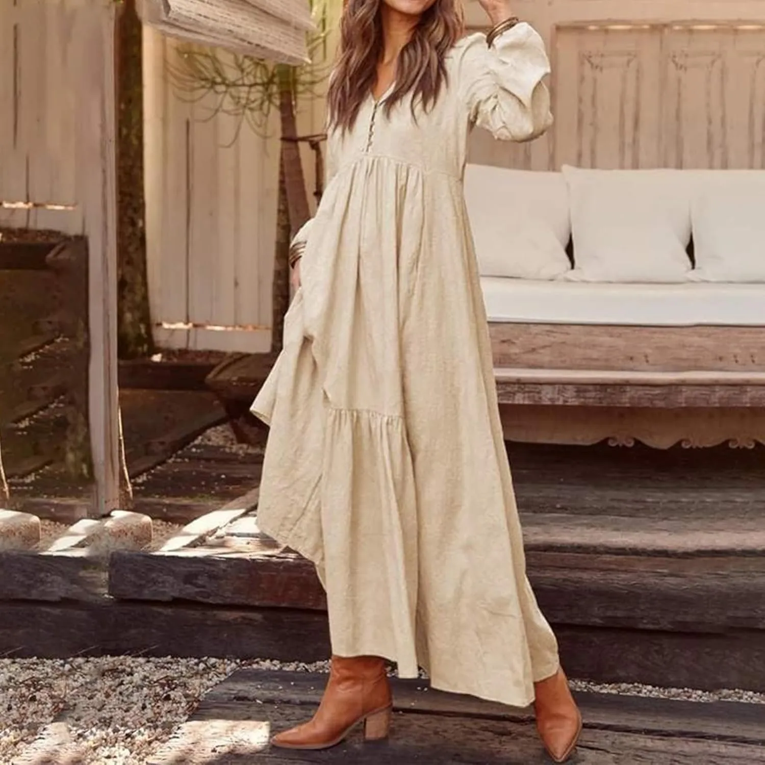 Casual Cotton Linen Dresses Long Sleeve Maxi for Women Button Front V Neck Pleated Dress Swing Flowy Elegant Dresses
