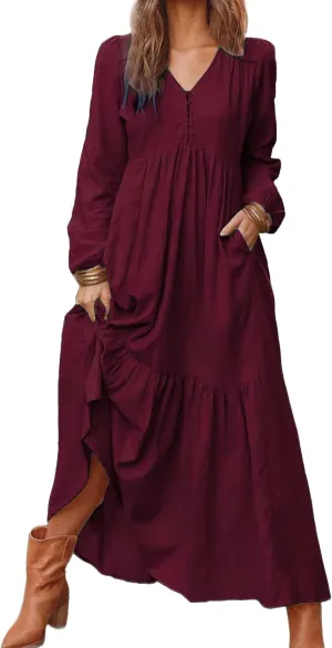 Casual Cotton Linen Dresses Long Sleeve Maxi for Women Button Front V Neck Pleated Dress Swing Flowy Elegant Dresses