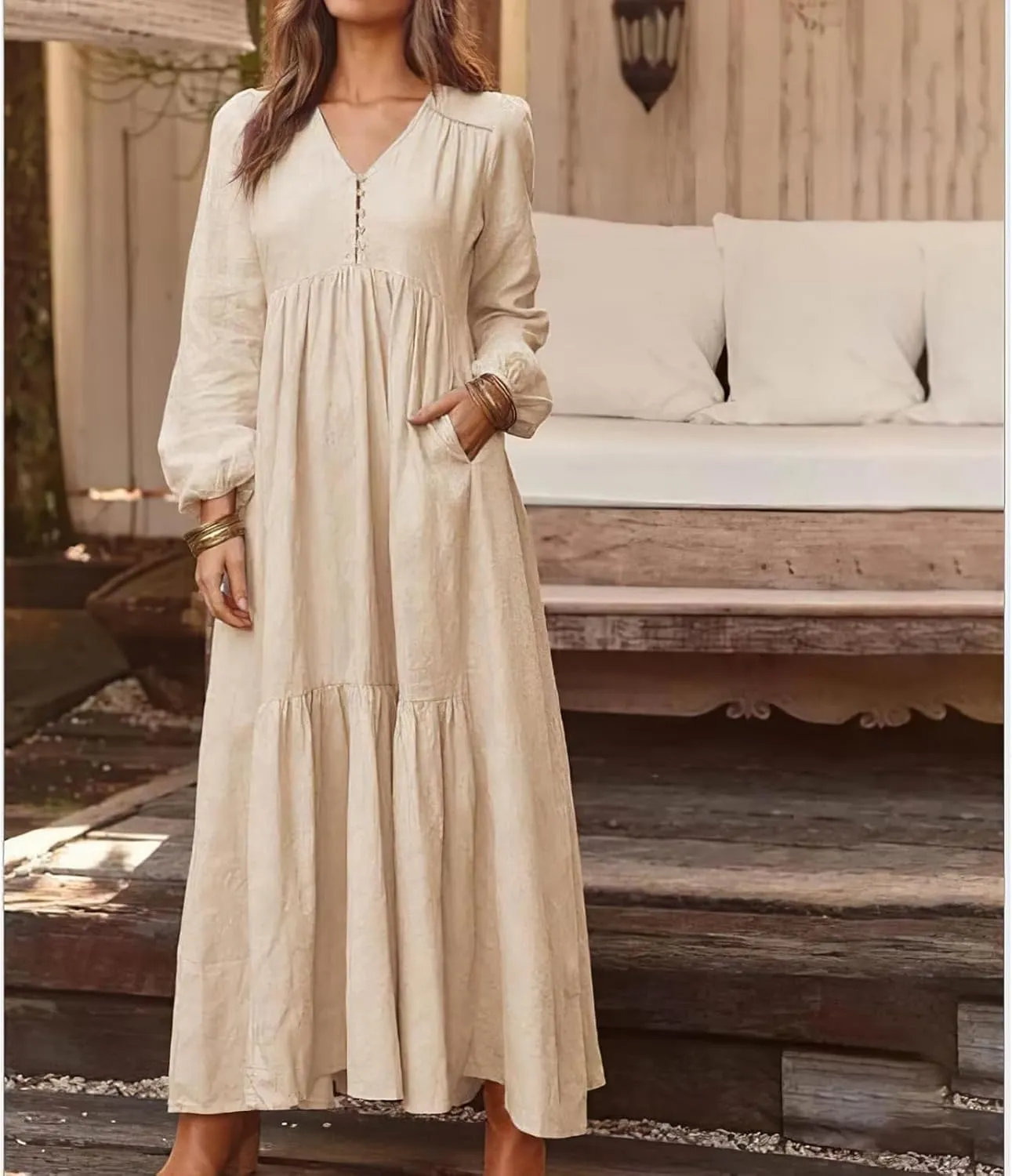 Casual Cotton Linen Dresses Long Sleeve Maxi for Women Button Front V Neck Pleated Dress Swing Flowy Elegant Dresses