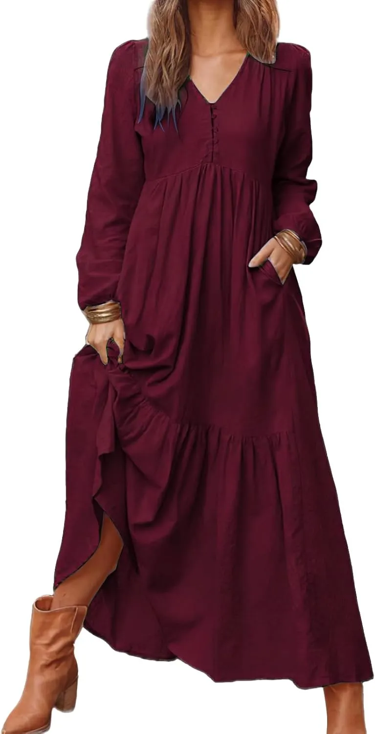 Casual Cotton Linen Dresses Long Sleeve Maxi for Women Button Front V Neck Pleated Dress Swing Flowy Elegant Dresses