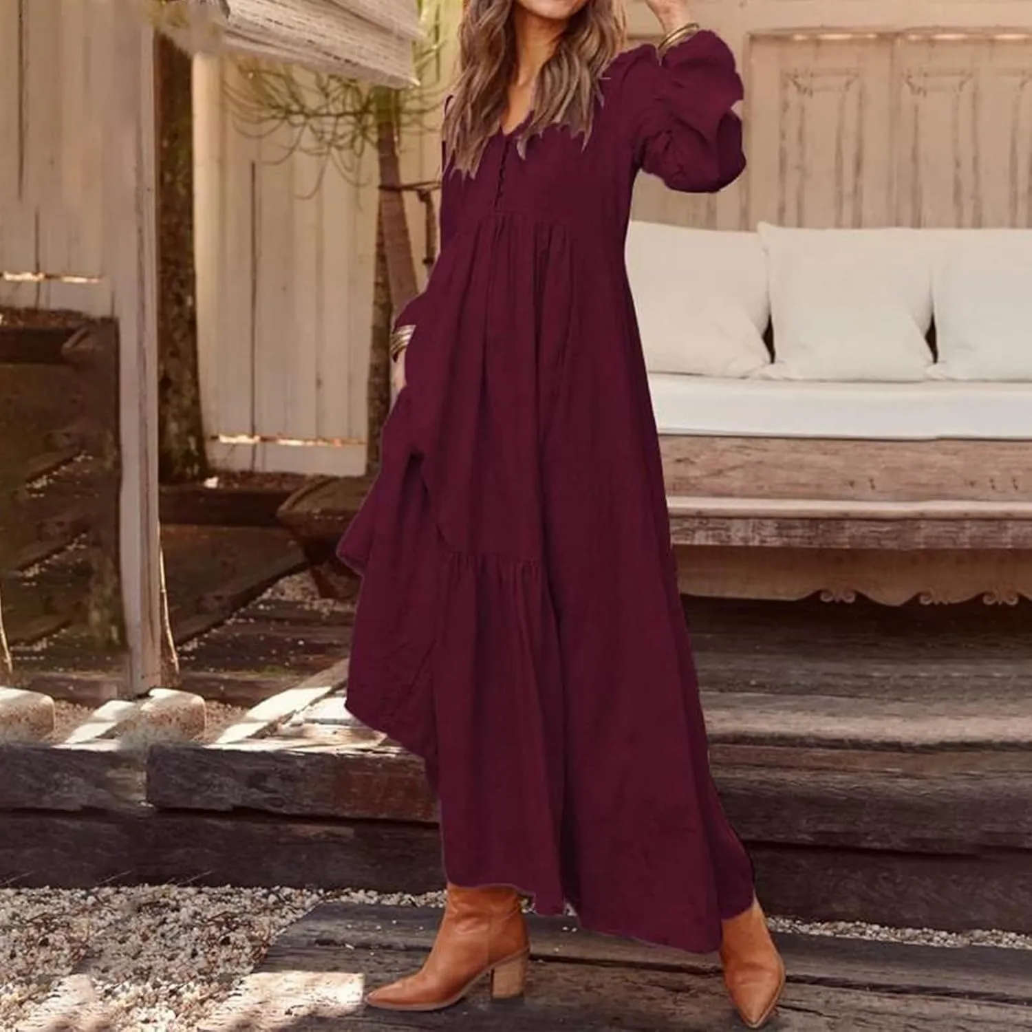 Casual Cotton Linen Dresses Long Sleeve Maxi for Women Button Front V Neck Pleated Dress Swing Flowy Elegant Dresses