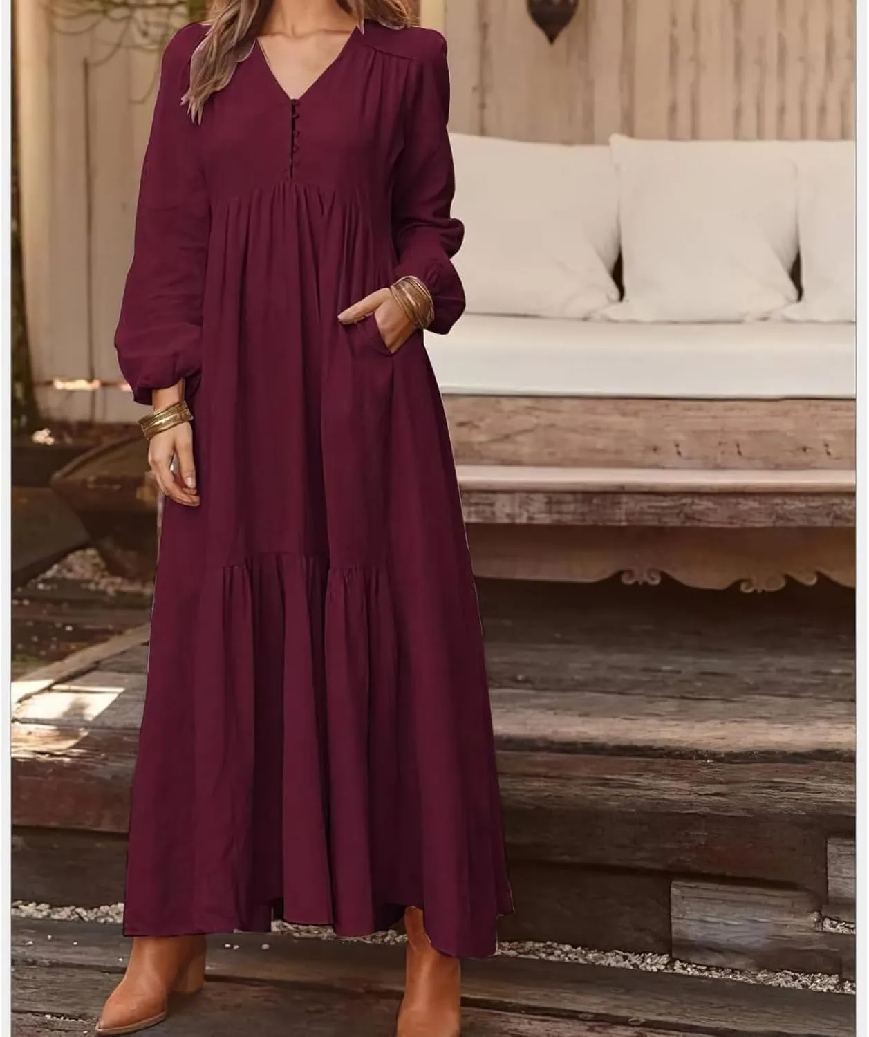 Casual Cotton Linen Dresses Long Sleeve Maxi for Women Button Front V Neck Pleated Dress Swing Flowy Elegant Dresses