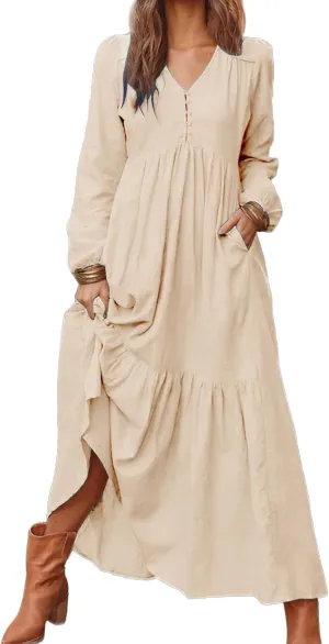 Casual Cotton Linen Dresses Long Sleeve Maxi for Women Button Front V Neck Pleated Dress Swing Flowy Elegant Dresses