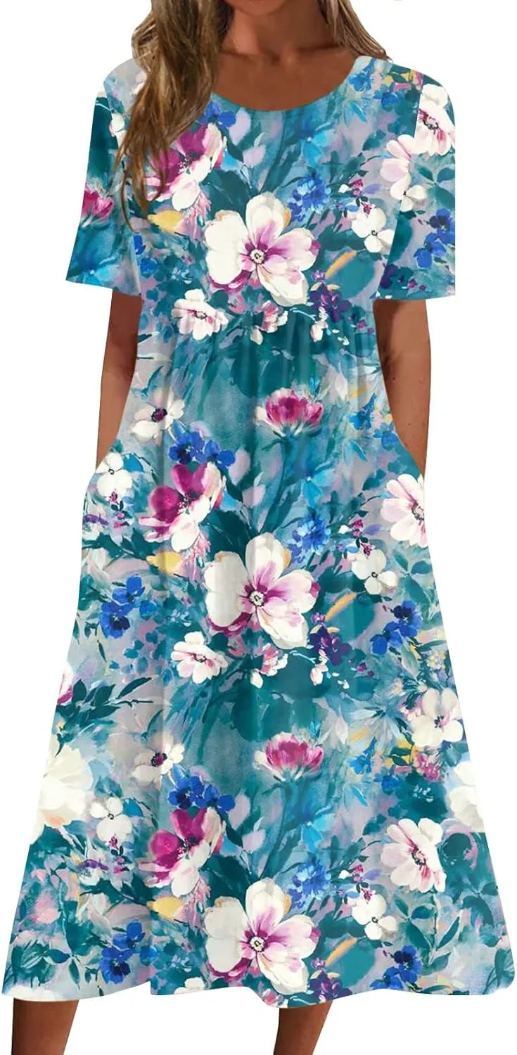 Casual Dresses for Women 2024 Plus Size Print Basic Dresses Summer Short Sleeve Flowy O Neck Dress with Pockets