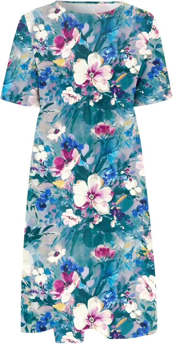 Casual Dresses for Women 2024 Plus Size Print Basic Dresses Summer Short Sleeve Flowy O Neck Dress with Pockets