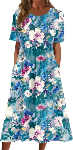Casual Dresses for Women 2024 Plus Size Print Basic Dresses Summer Short Sleeve Flowy O Neck Dress with Pockets