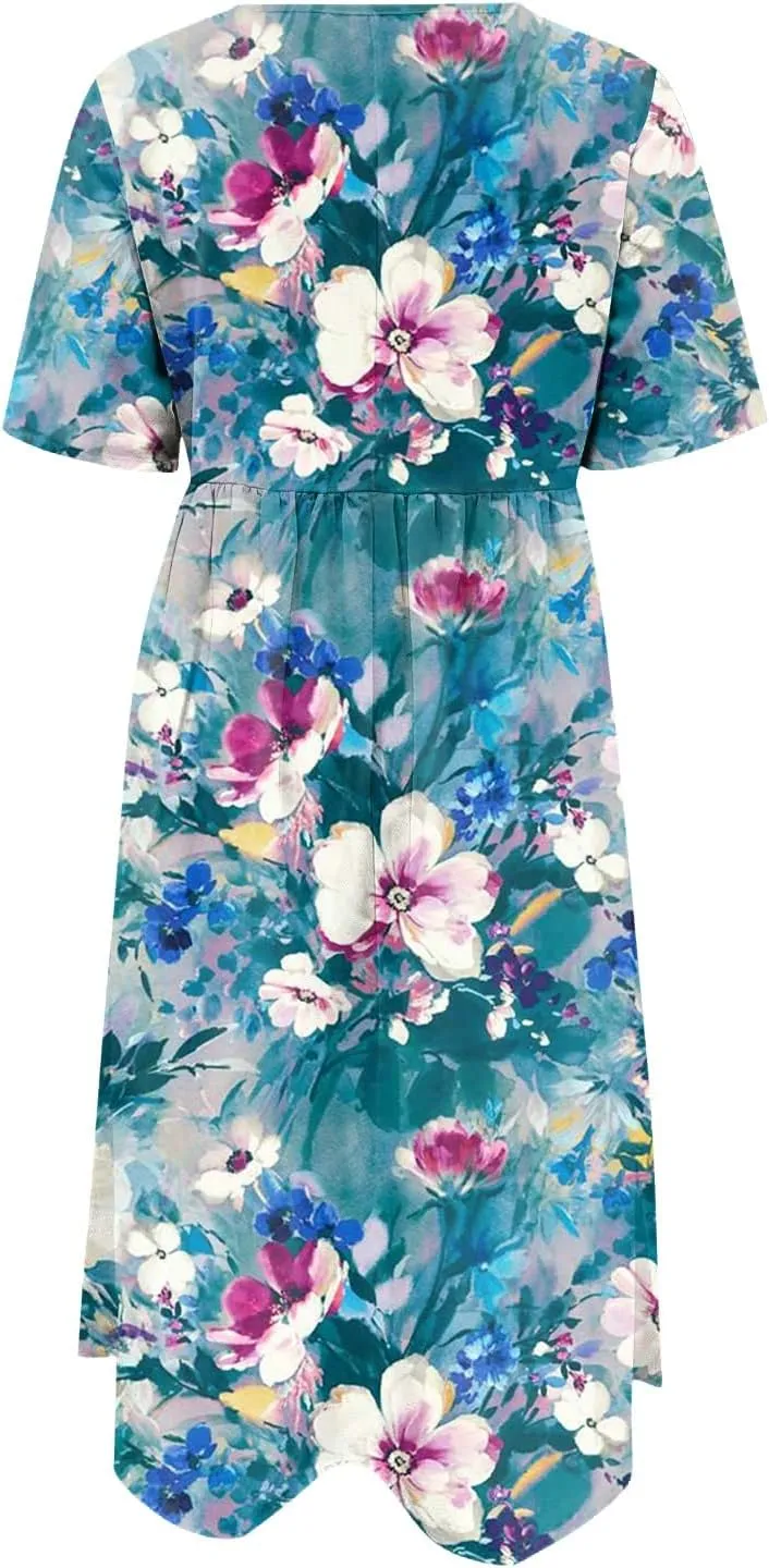 Casual Dresses for Women 2024 Plus Size Print Basic Dresses Summer Short Sleeve Flowy O Neck Dress with Pockets
