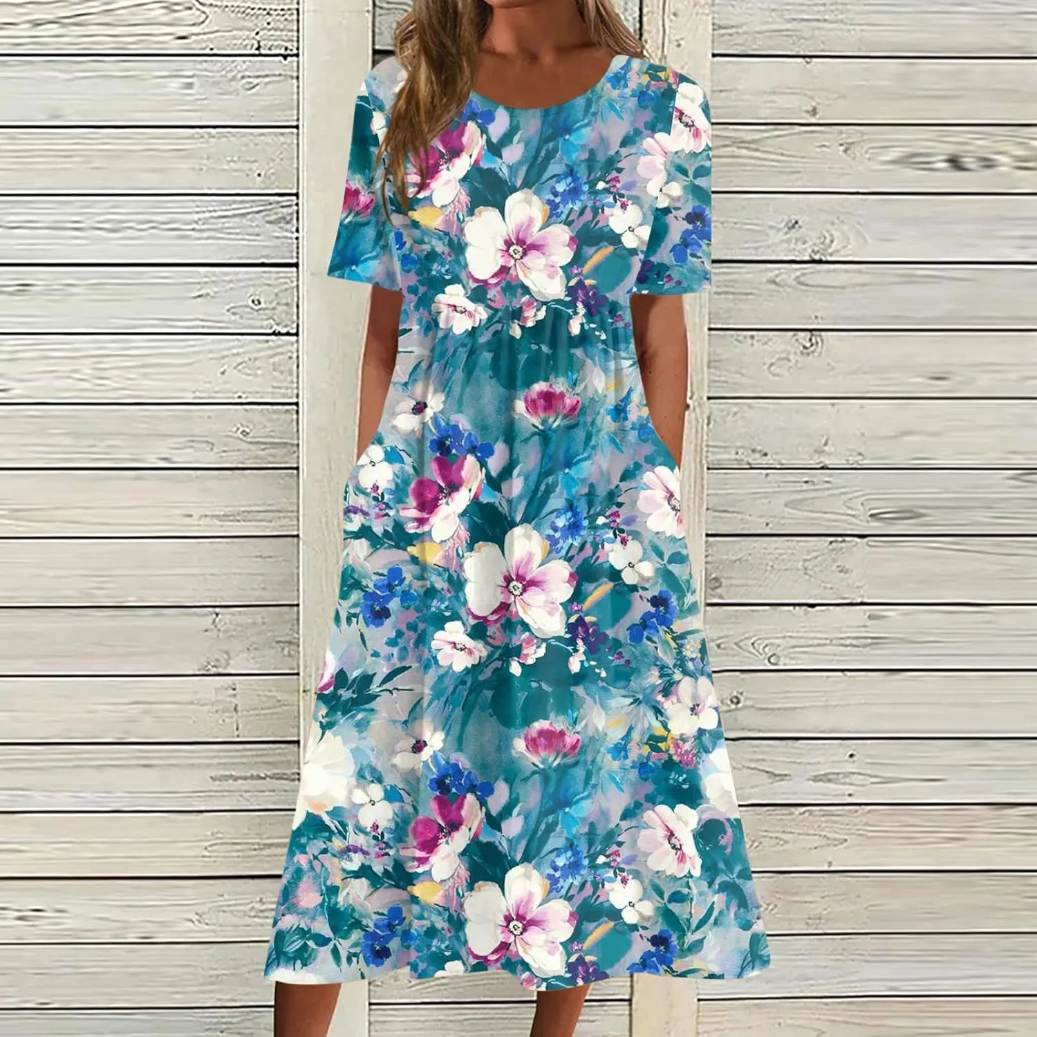 Casual Dresses for Women 2024 Plus Size Print Basic Dresses Summer Short Sleeve Flowy O Neck Dress with Pockets